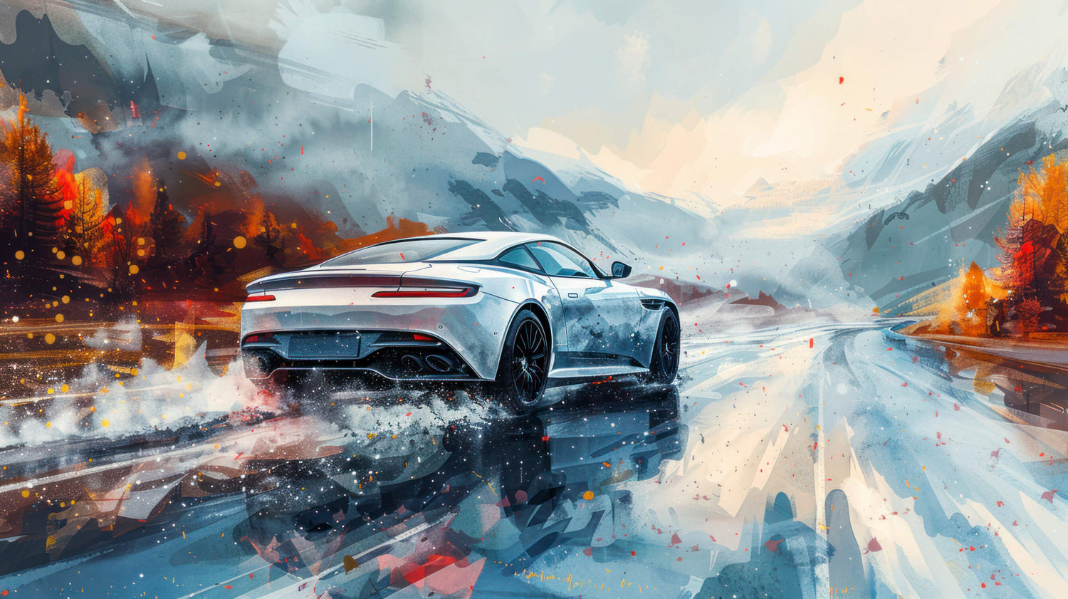 Design file showing detailed sports car against mountain backdrop with dynamic racing effects