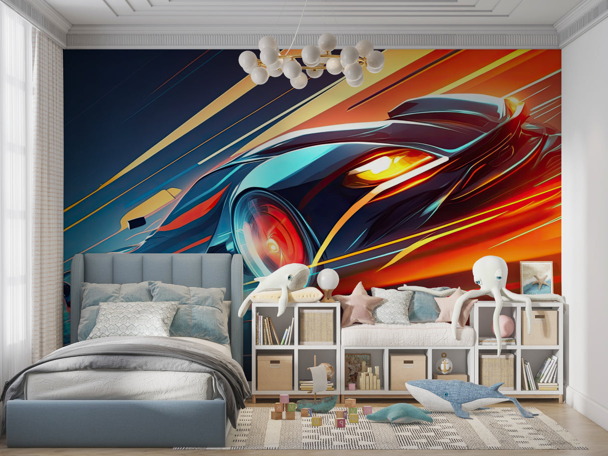 Racing car wallpaper in modern teen bedroom showing turquoise and orange design elements