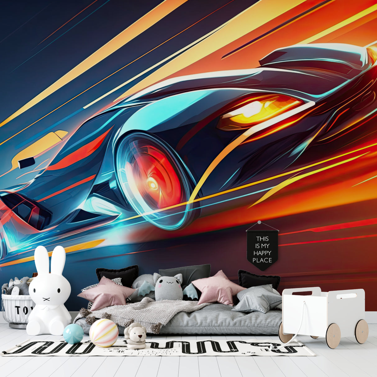 Sports car mural displayed in contemporary gaming room with dramatic lighting