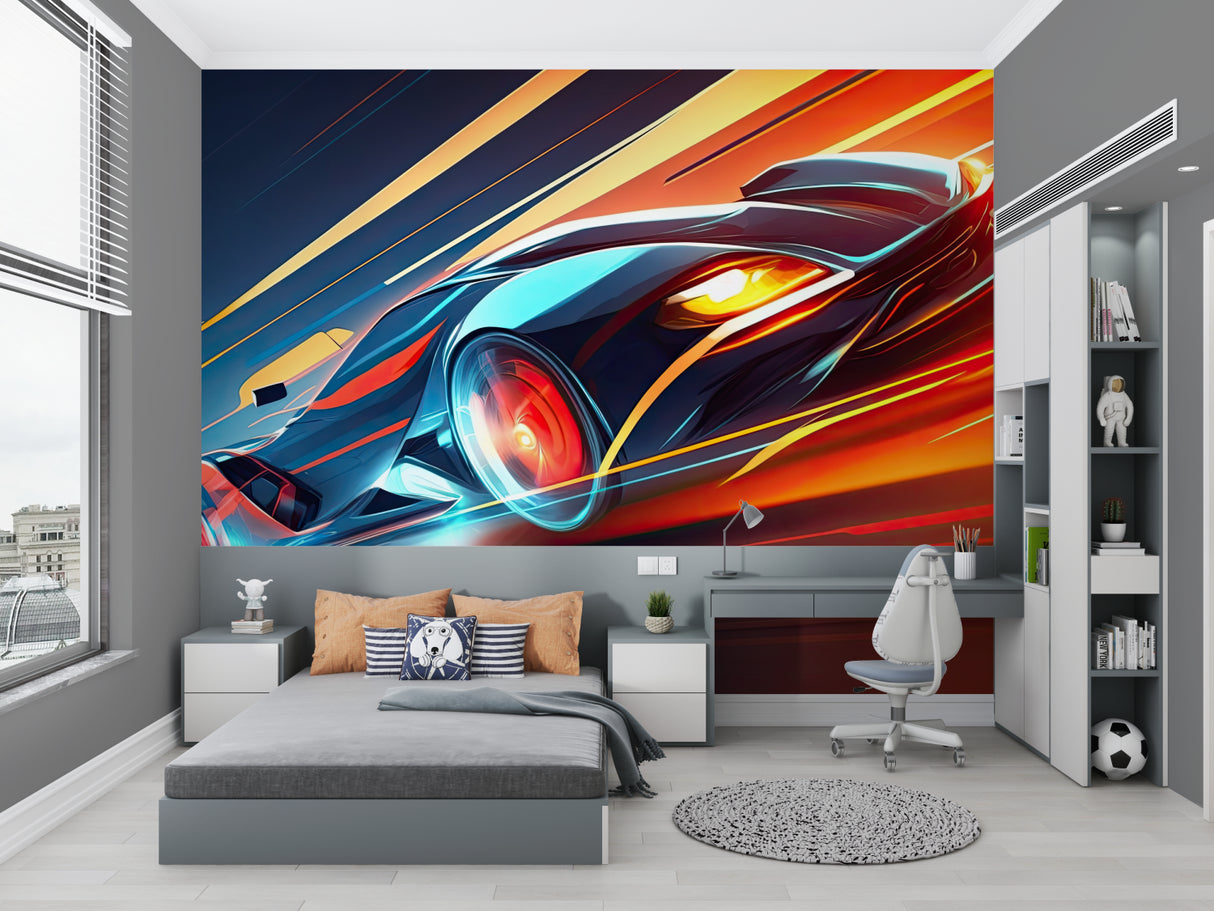 Dynamic racing wallpaper featured in stylish home office space