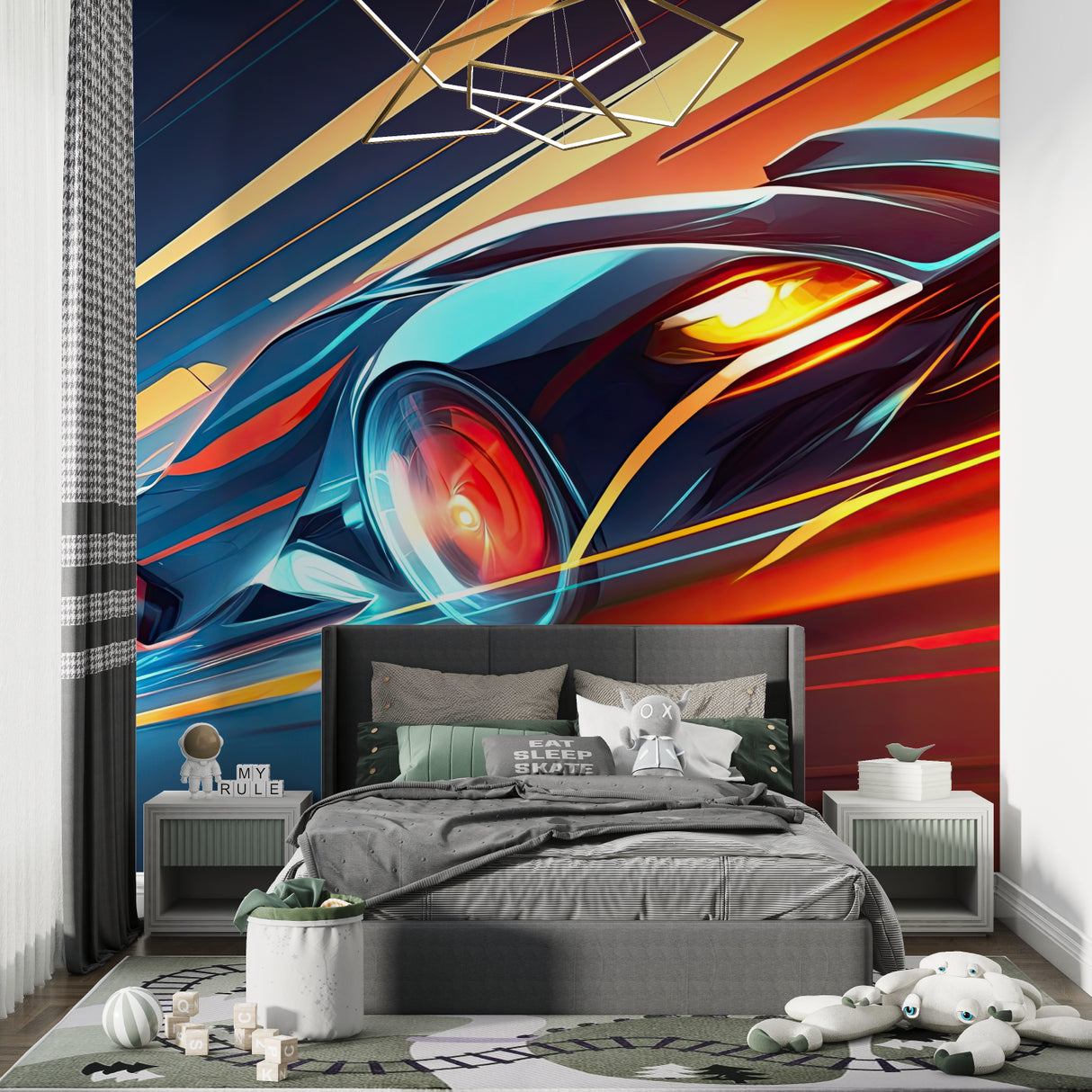 Car mural wallpaper showcased in modern living room setting