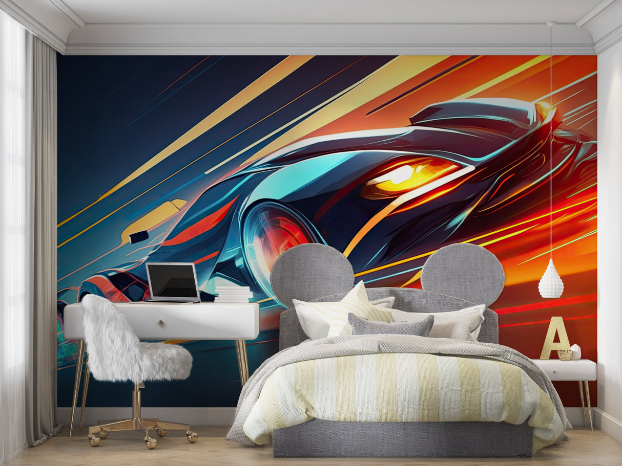 Racing design wall mural in urban loft space with minimal furniture