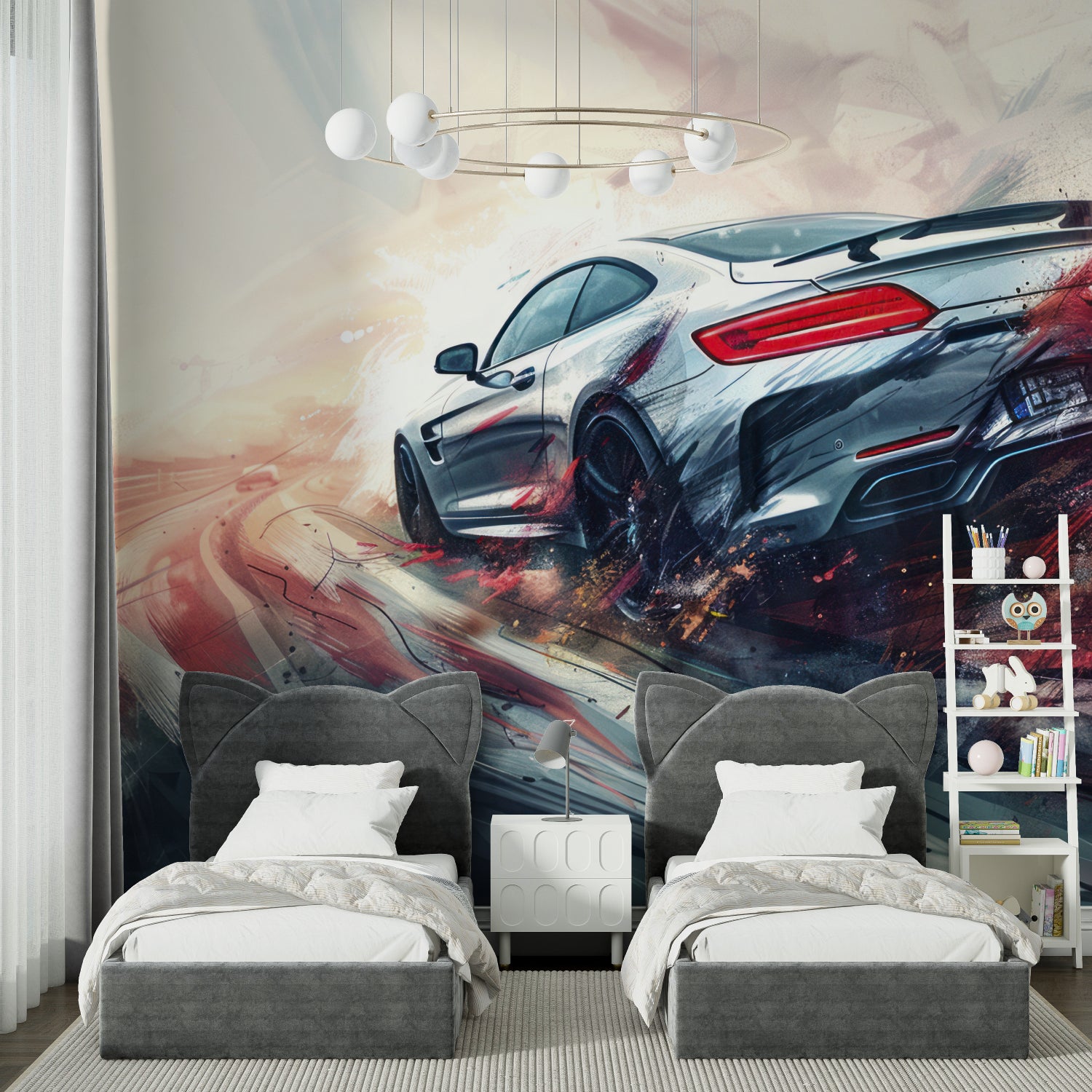 Racing car mural transforming a teen bedroom with dynamic automotive design