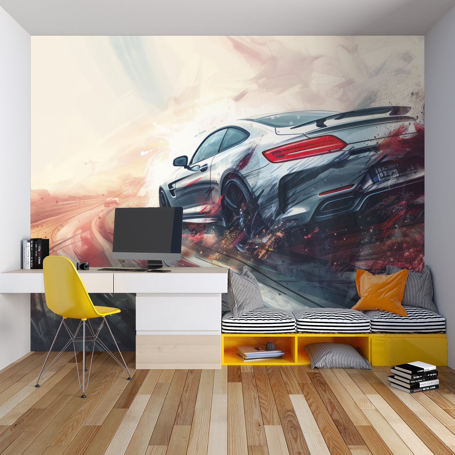 Sports car wall mural adding speed and style to a contemporary home office