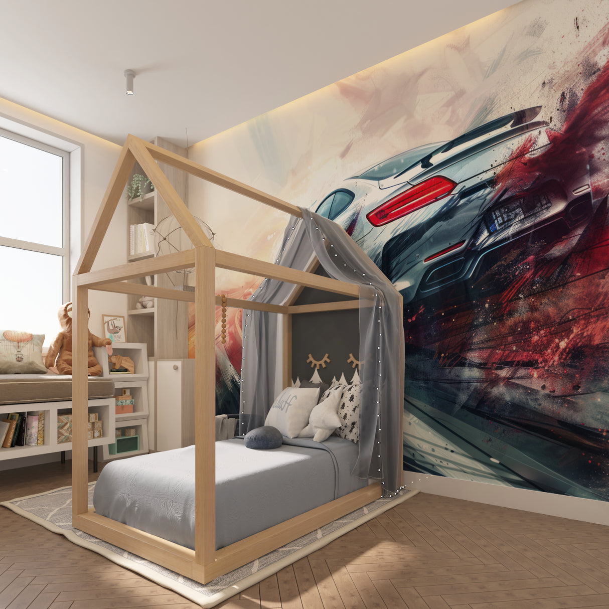 Car wallpaper design showcased in a modern game room setting