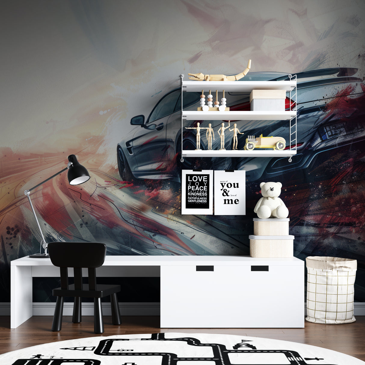 Racing mural creating impact in a luxury garage space
