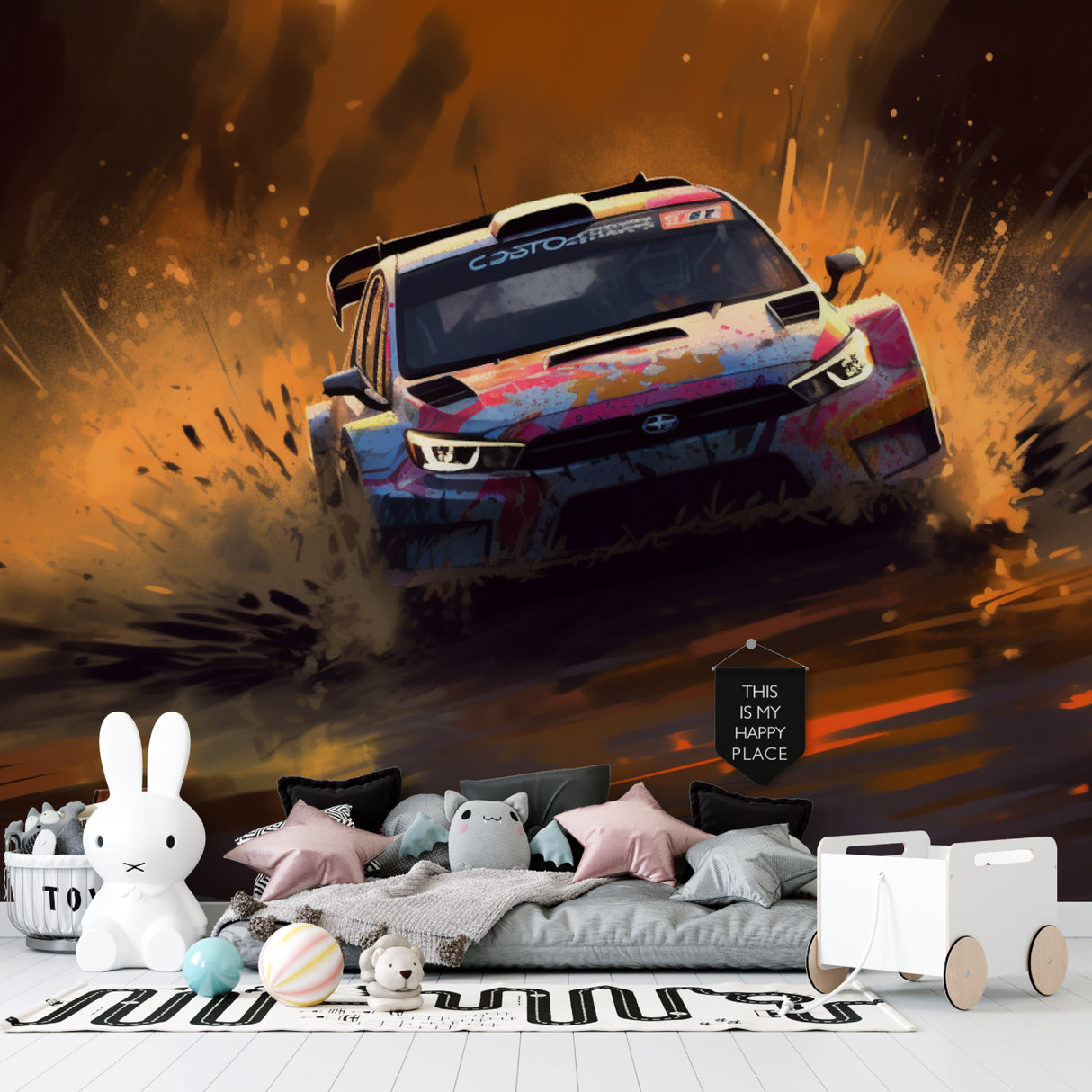 Rally car wallpaper mural showcased in modern teen bedroom with gaming setup