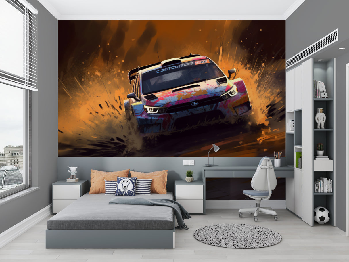 Racing car wall mural displayed in contemporary living room setting
