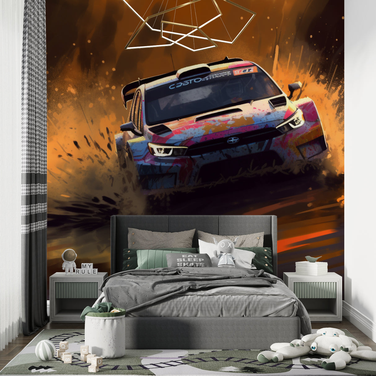 Dynamic racing wallpaper transforming modern game room walls