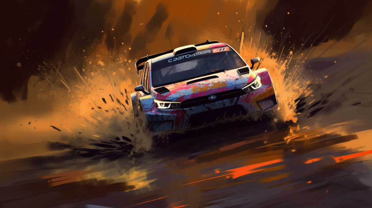 Rally car design file showing detailed orange sky and motion effects