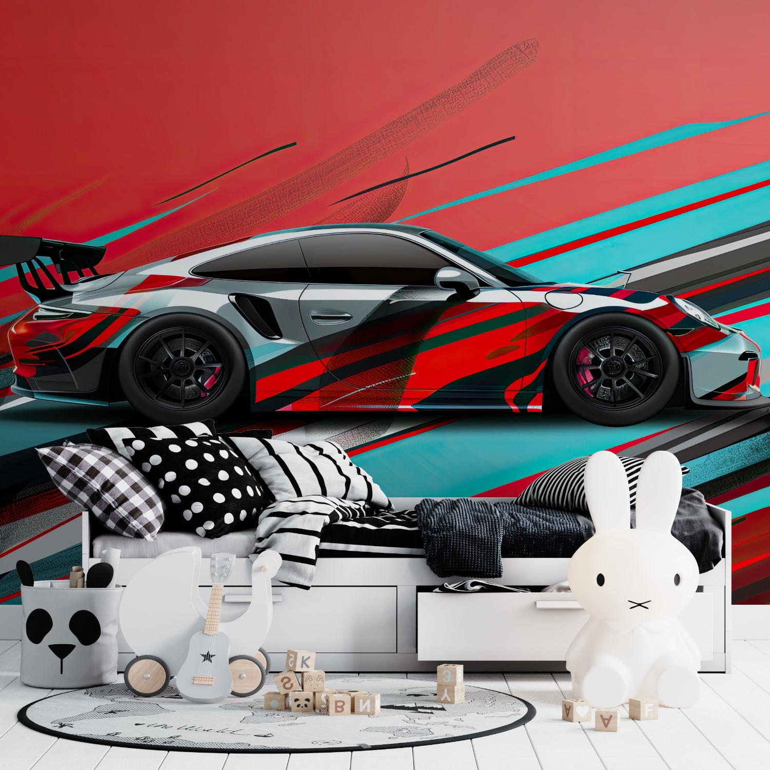 Racing wall mural creating dramatic impact in teen bedroom setting