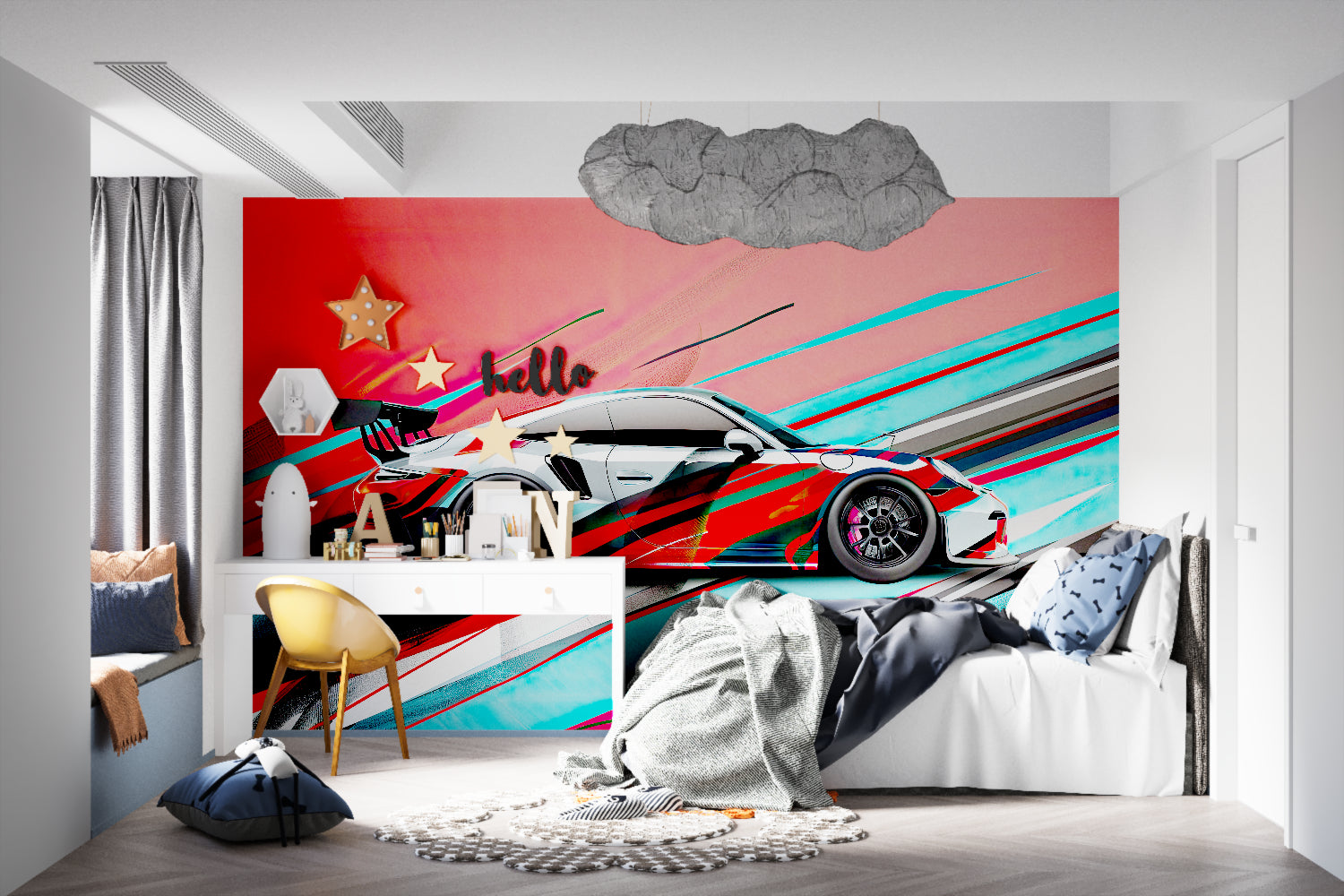 Sports car mural displayed in contemporary game room with modern lighting