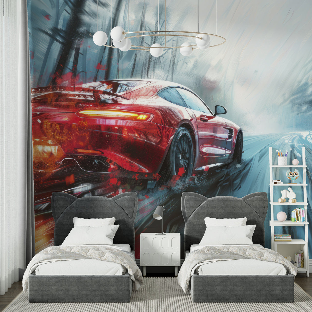 Red sports car wallpaper in modern living room creating dramatic focal point with sleek racing design