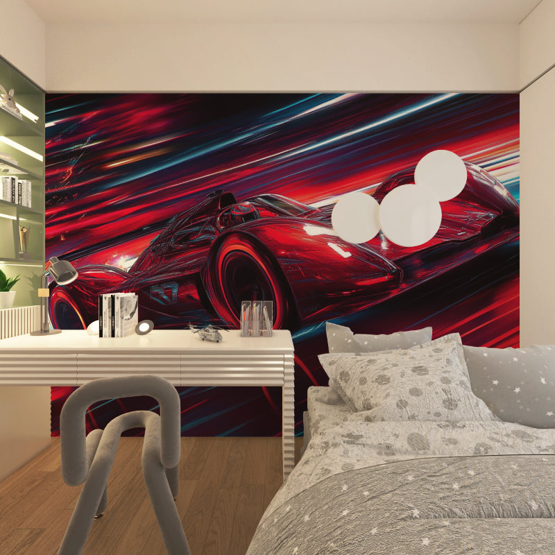 Sports car mural creating dynamic atmosphere in a gaming room with dramatic lighting
