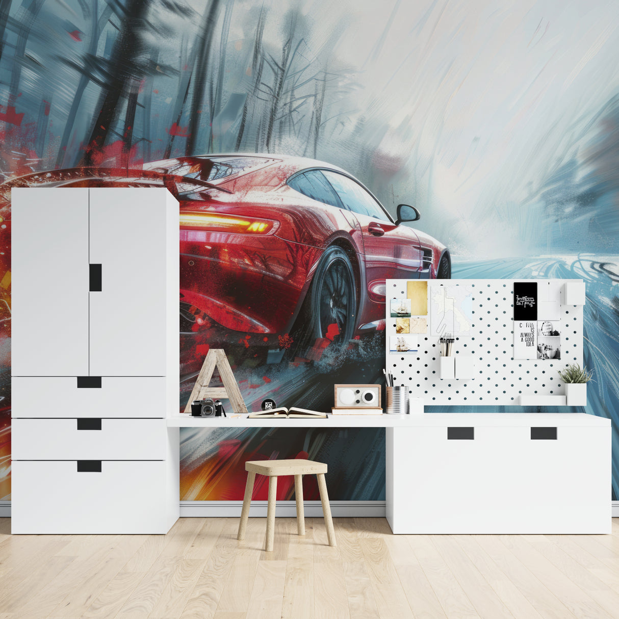 Dynamic racing car mural in teen bedroom showing red sports car against blue background
