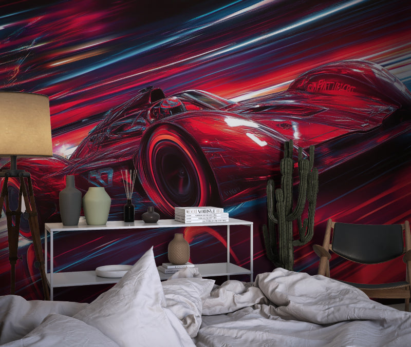 Red racing car wallpaper installation showcasing depth effect in a contemporary living room