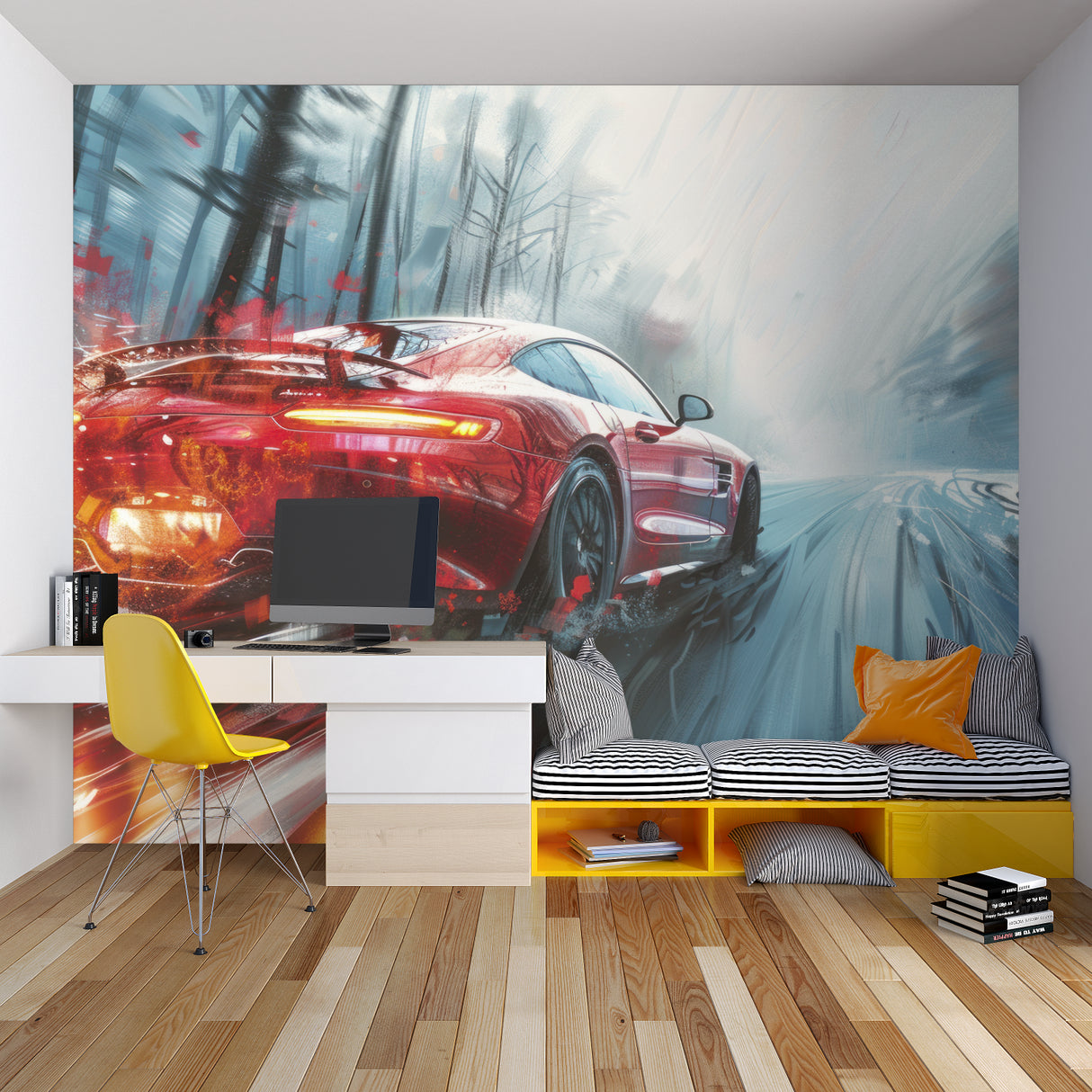 Sports car wall mural bringing energy to home office with red racing theme