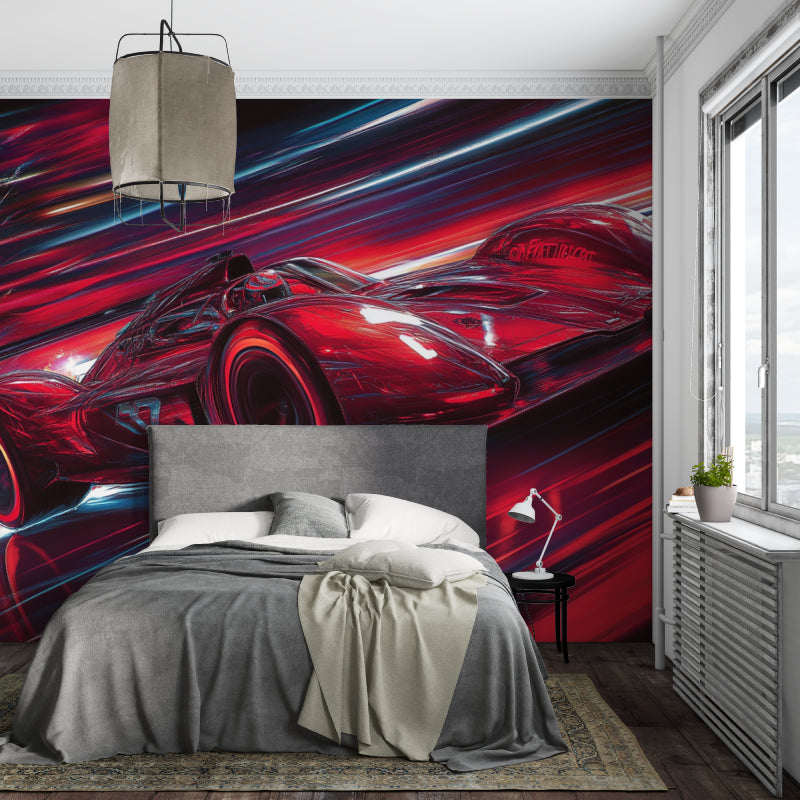 Dynamic car mural transforming a home office with bold racing design