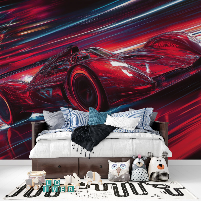 Sports car wallpaper making a statement in a modern entertainment room setup