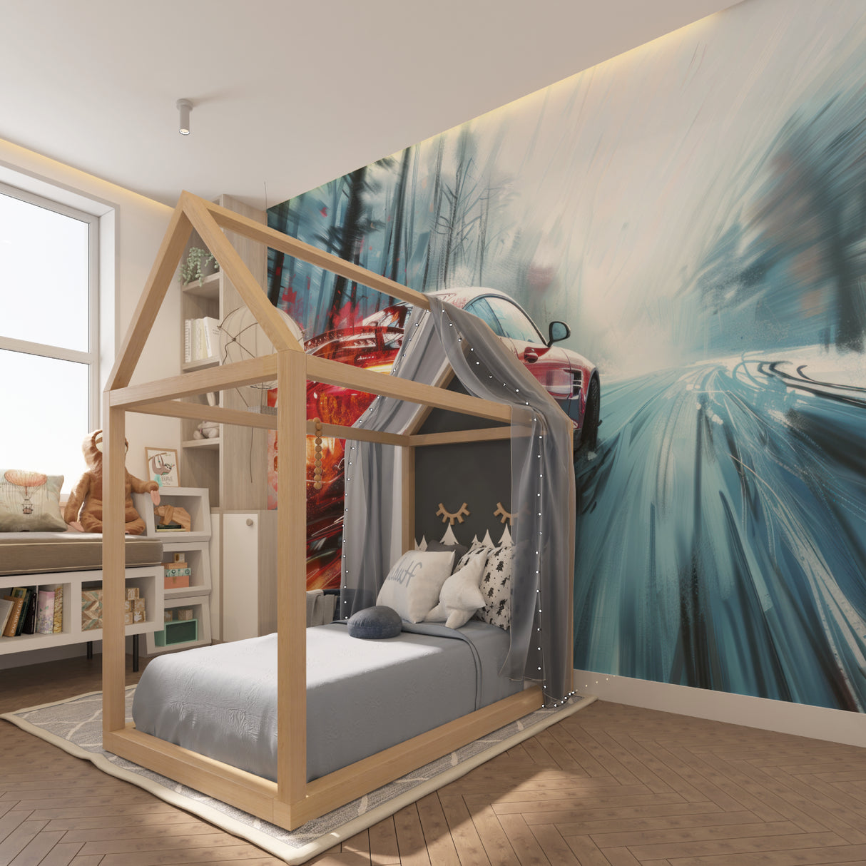 Racing car mural installation in man cave showing detailed red sports vehicle