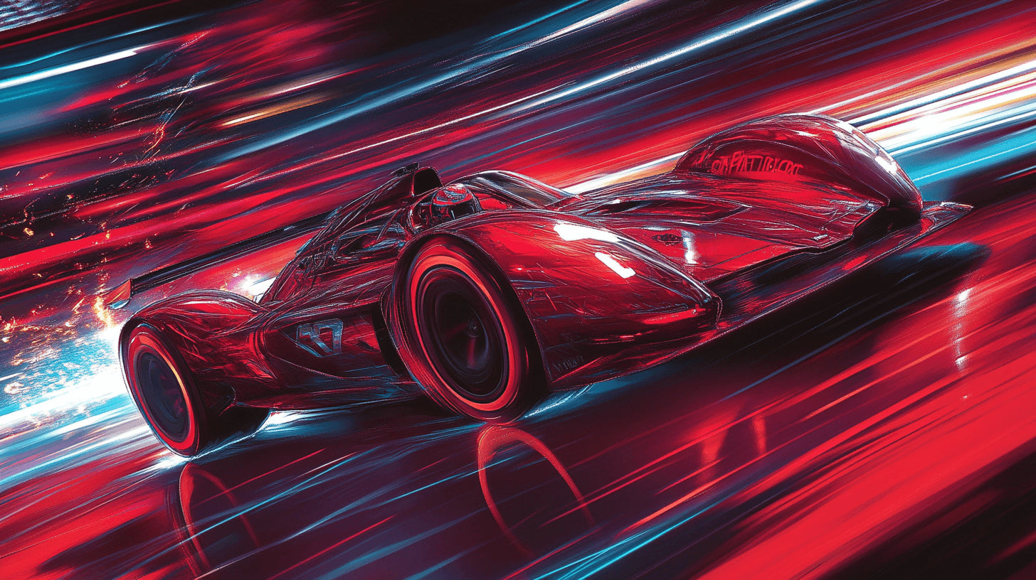 Design file showing detailed red racing car pattern with motion effects and dynamic background