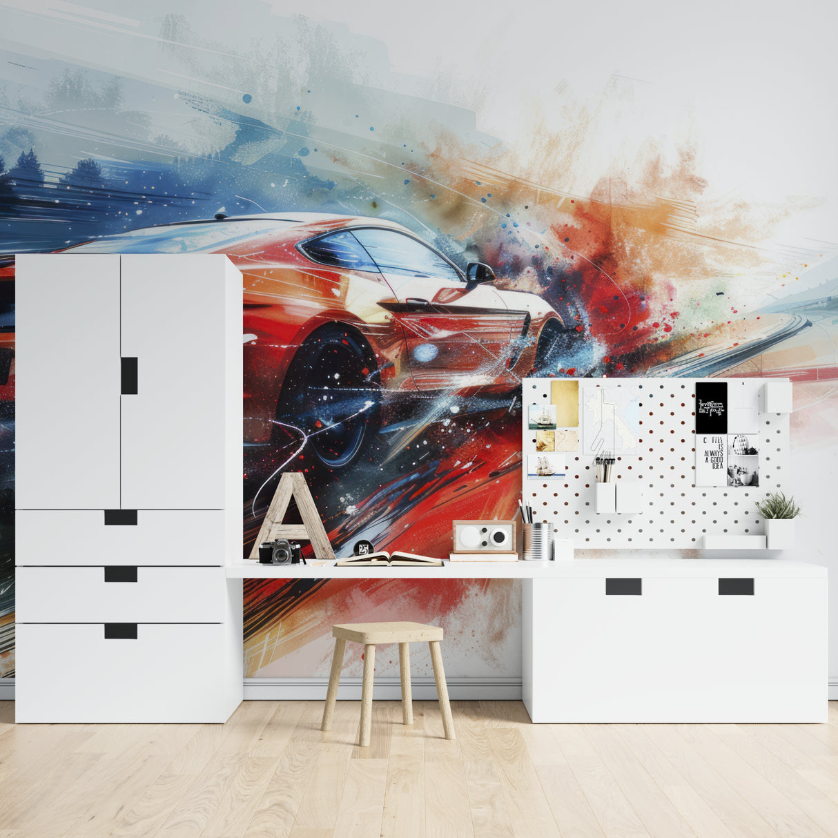 Racing car mural displayed in gaming room with dramatic red and blue color scheme