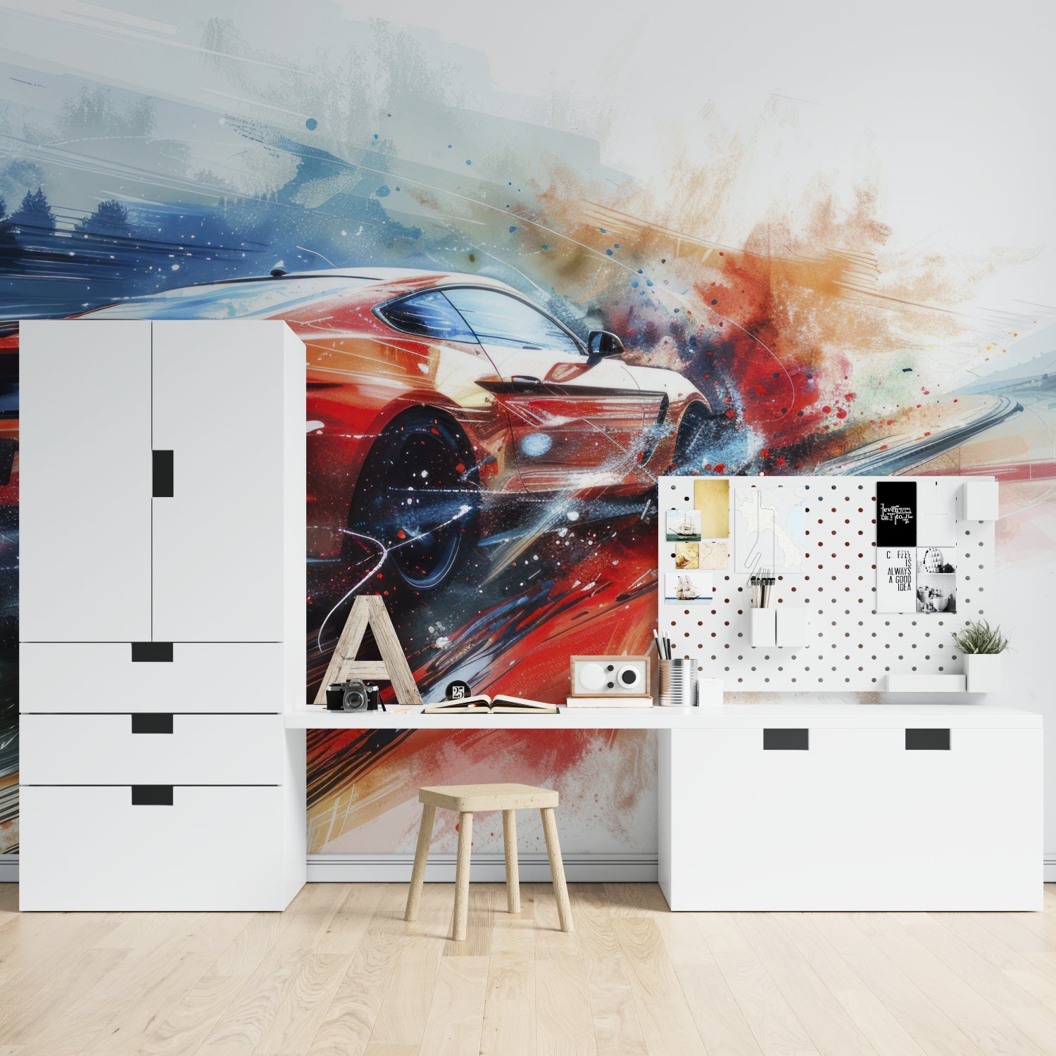 Racing car mural displayed in gaming room with dramatic red and blue color scheme