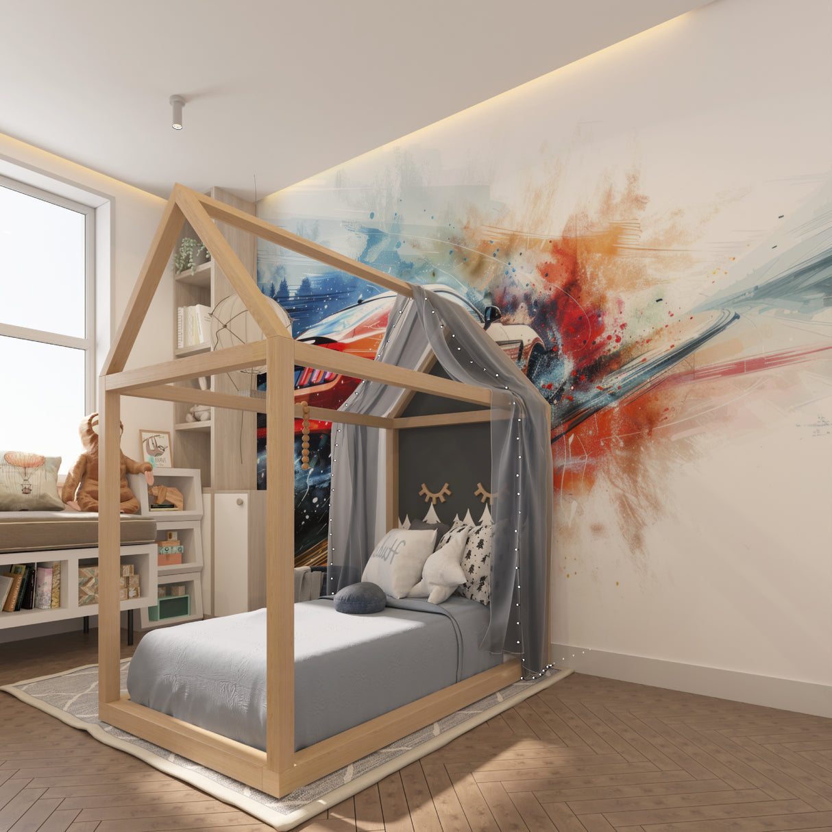 Dynamic sports car wall mural in home office showing speed effect details