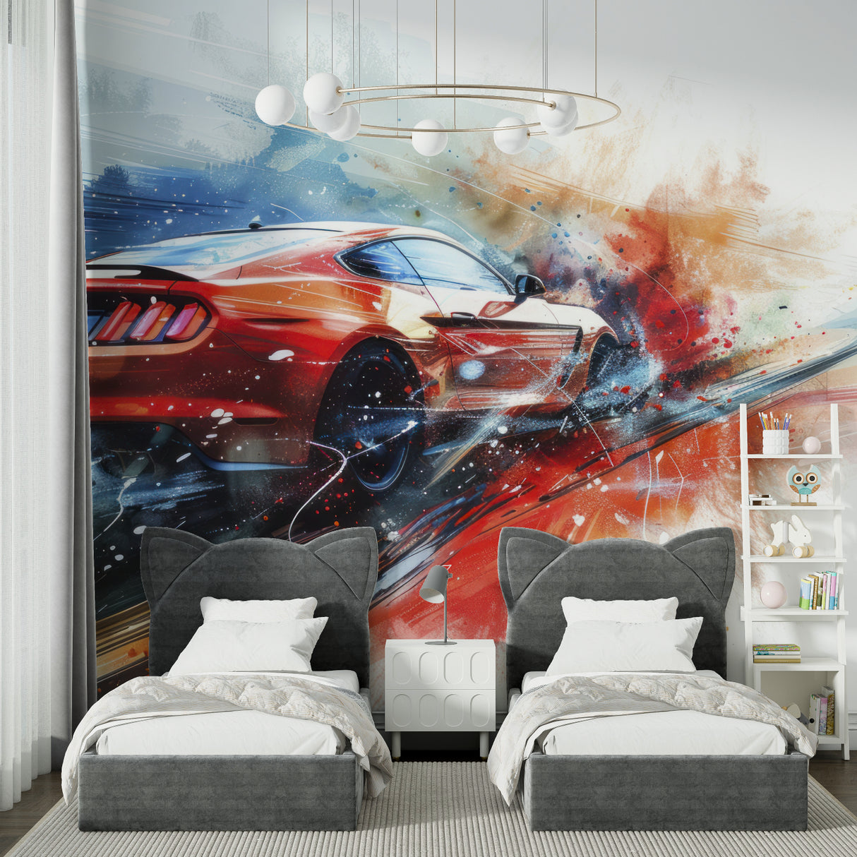Car themed wallpaper bringing energy to living room space with watercolor effects