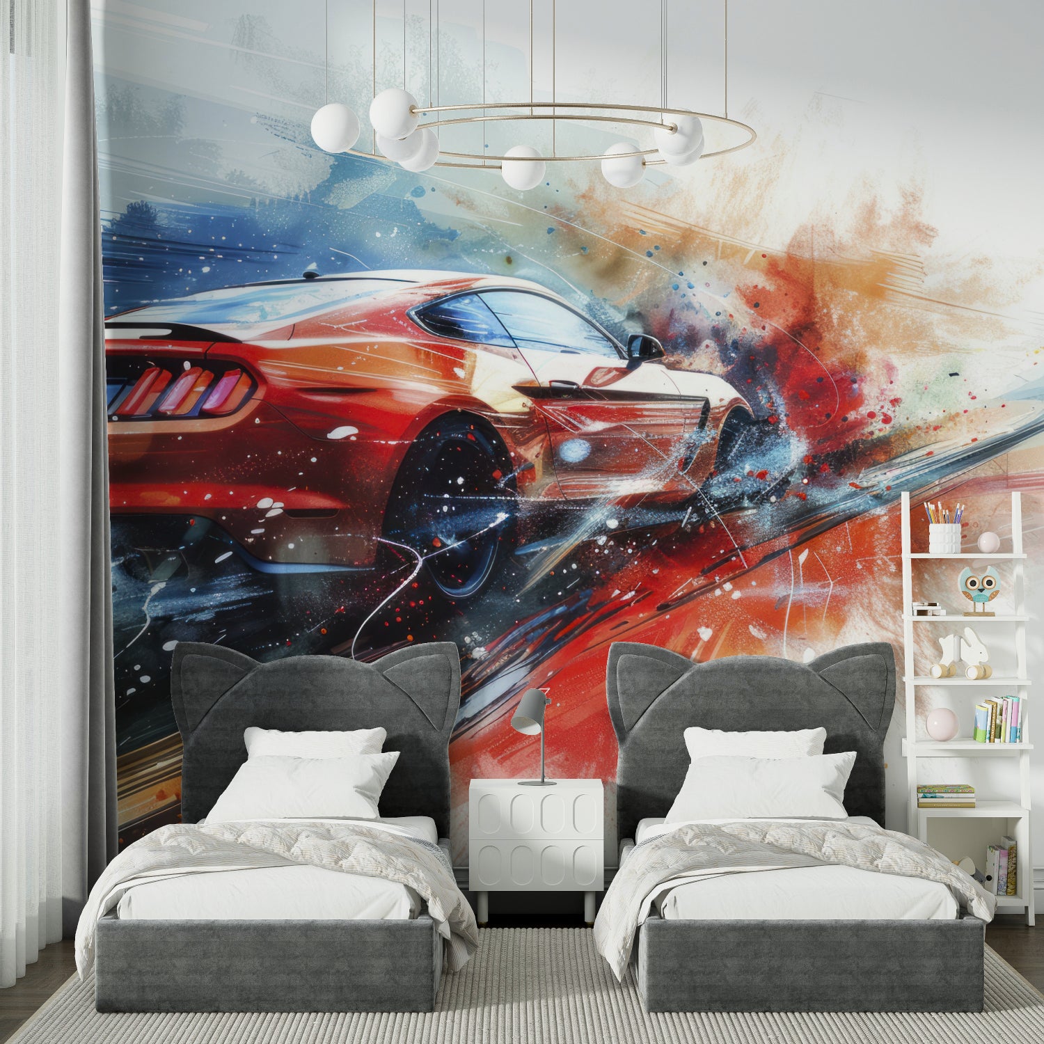 Car themed wallpaper bringing energy to living room space with watercolor effects