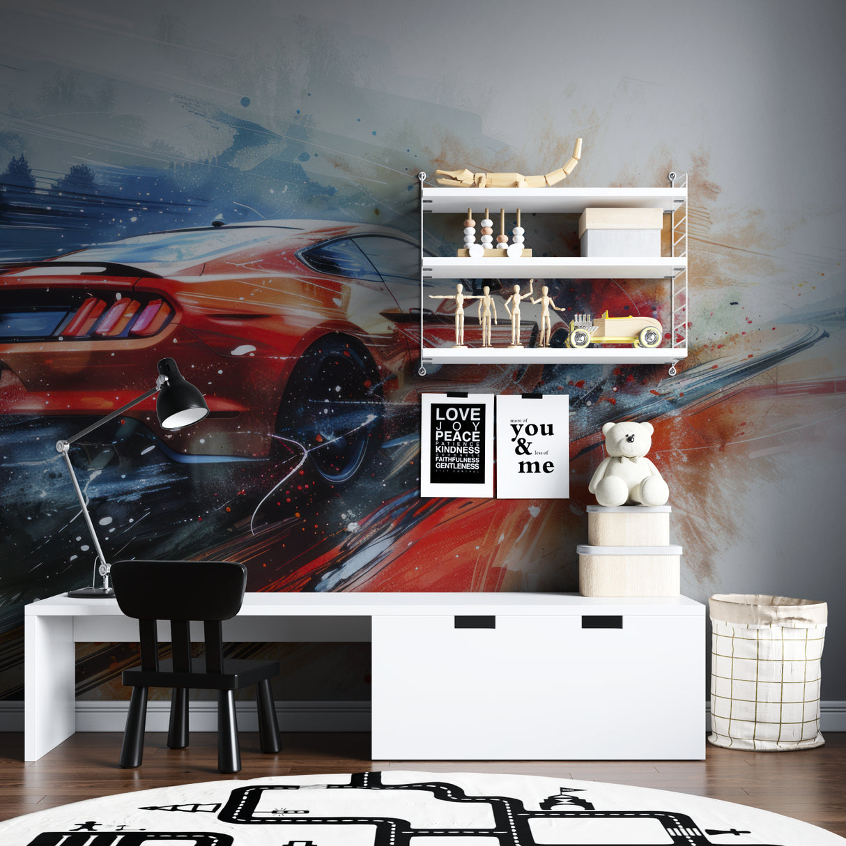 Red racing car mural creating focal point in modern entertainment room