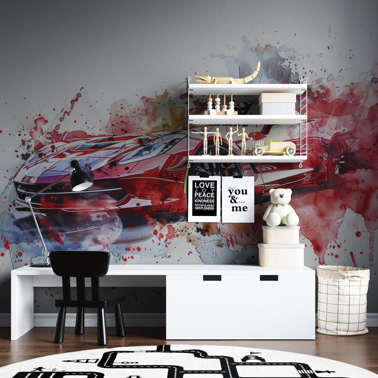 Sports car wallpaper mural bringing energy to a modern teen bedroom with red watercolor design