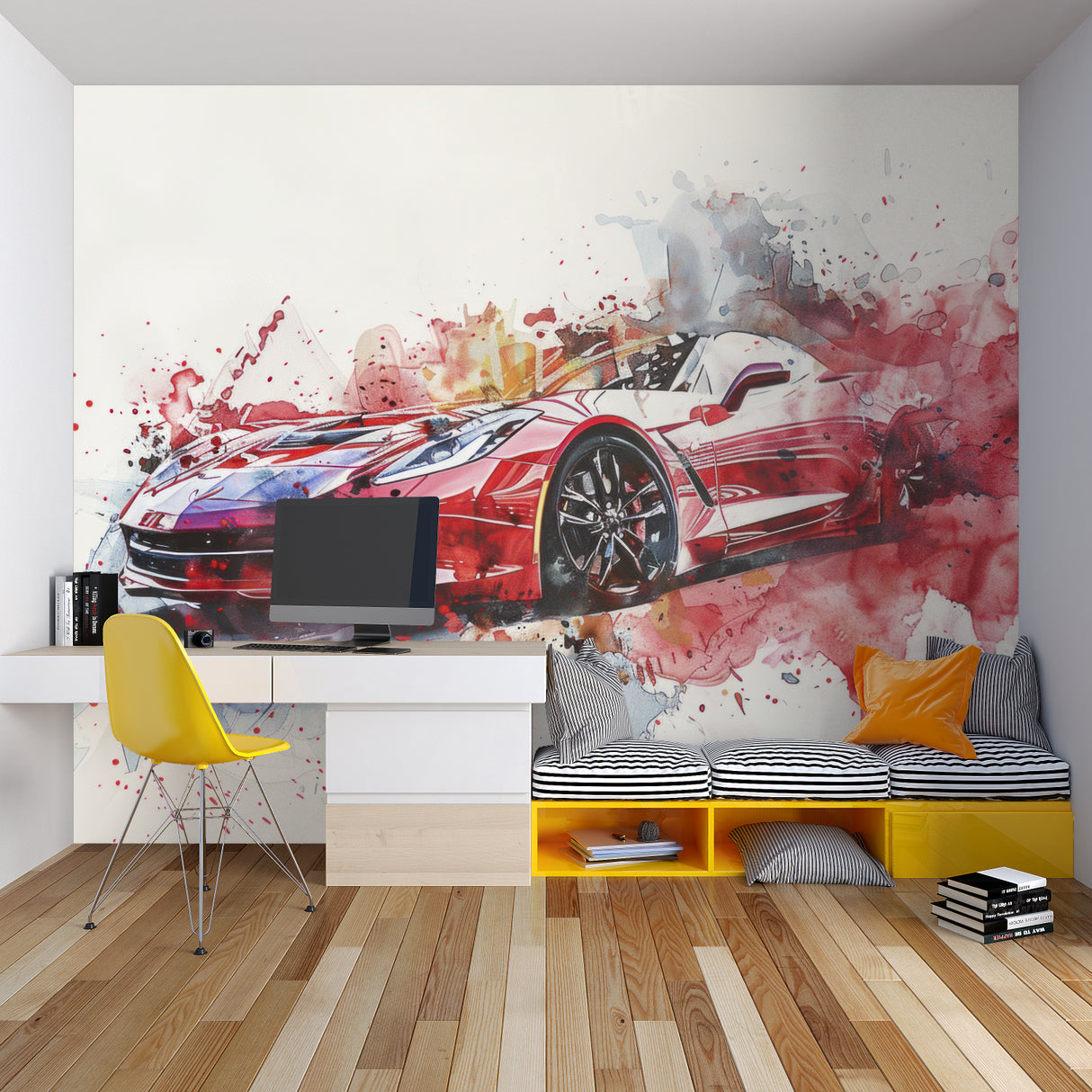 Red sports car mural creating impact in a stylish gaming room setup