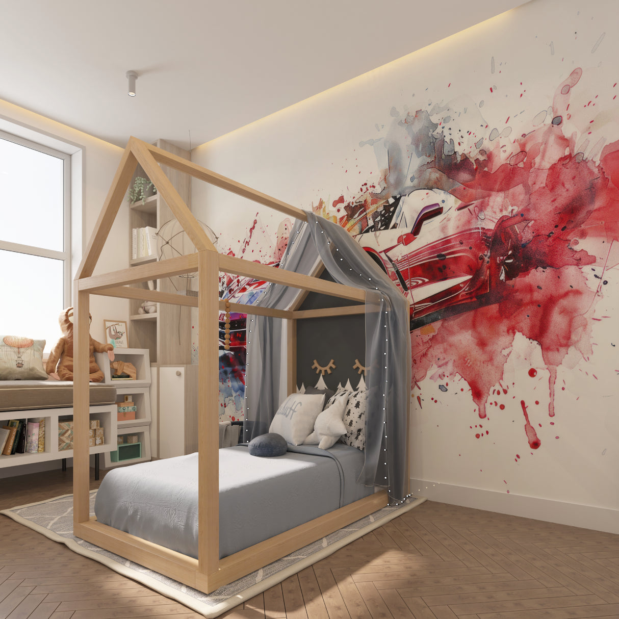 Dynamic car wallpaper design showcased in a contemporary home office