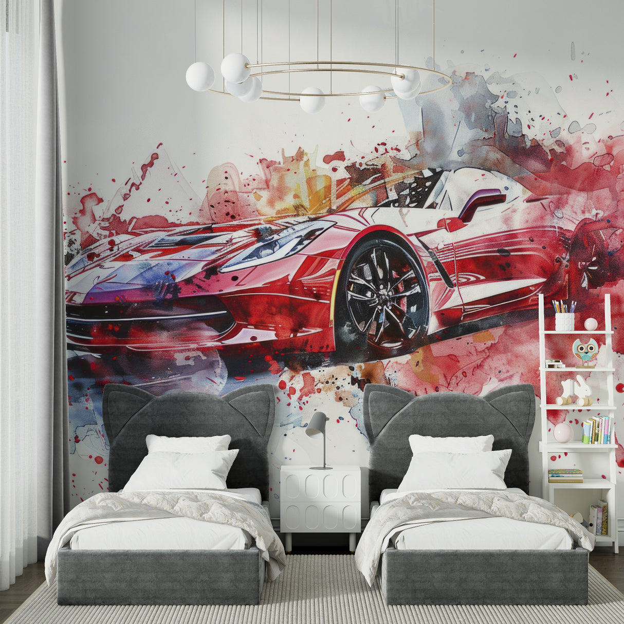 Sports car mural adding character to a modern living room wall