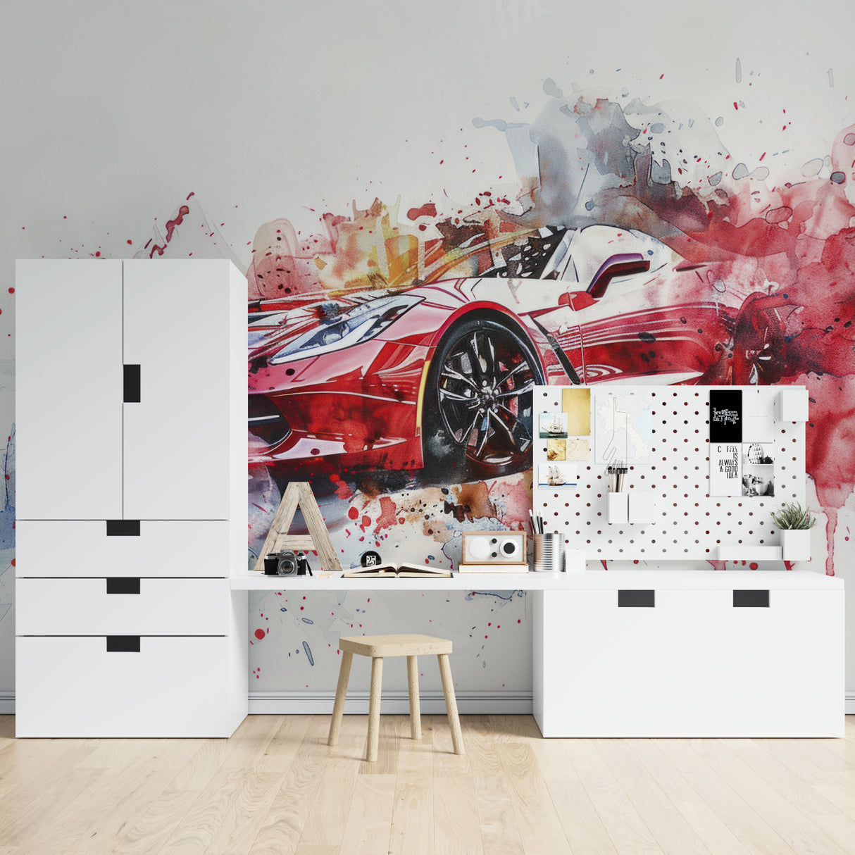 Watercolor car design transforming a garage conversion workspace