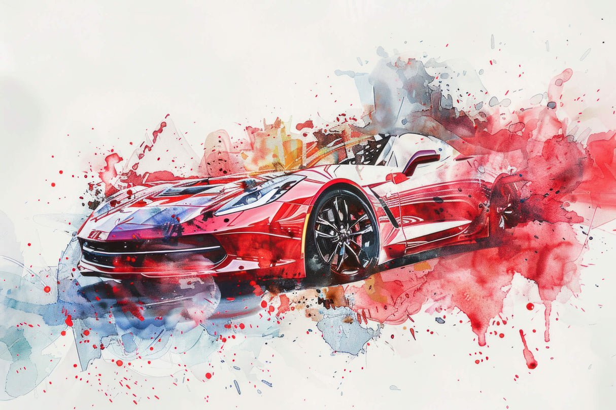 High-resolution design file of red sports car with watercolor effect pattern