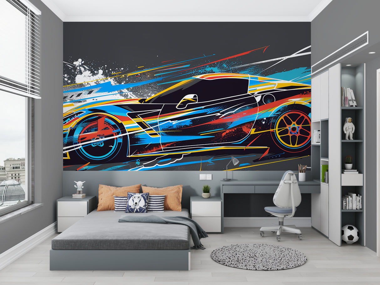 Sports car wallpaper mural in modern teen bedroom, showing dynamic street art style against dark feature wall