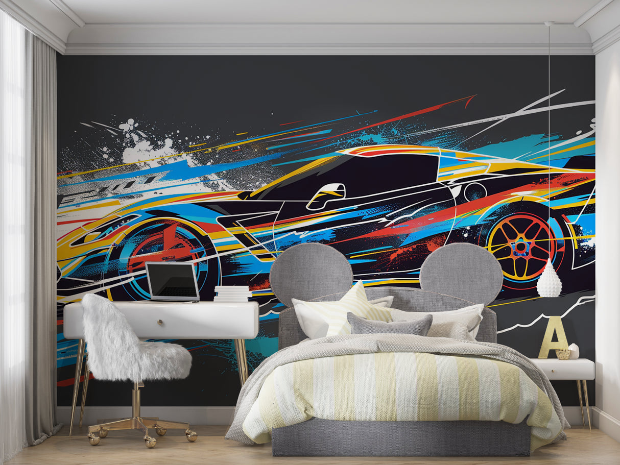 Racing car wall mural displayed in gaming room with LED lighting enhancing the vibrant design