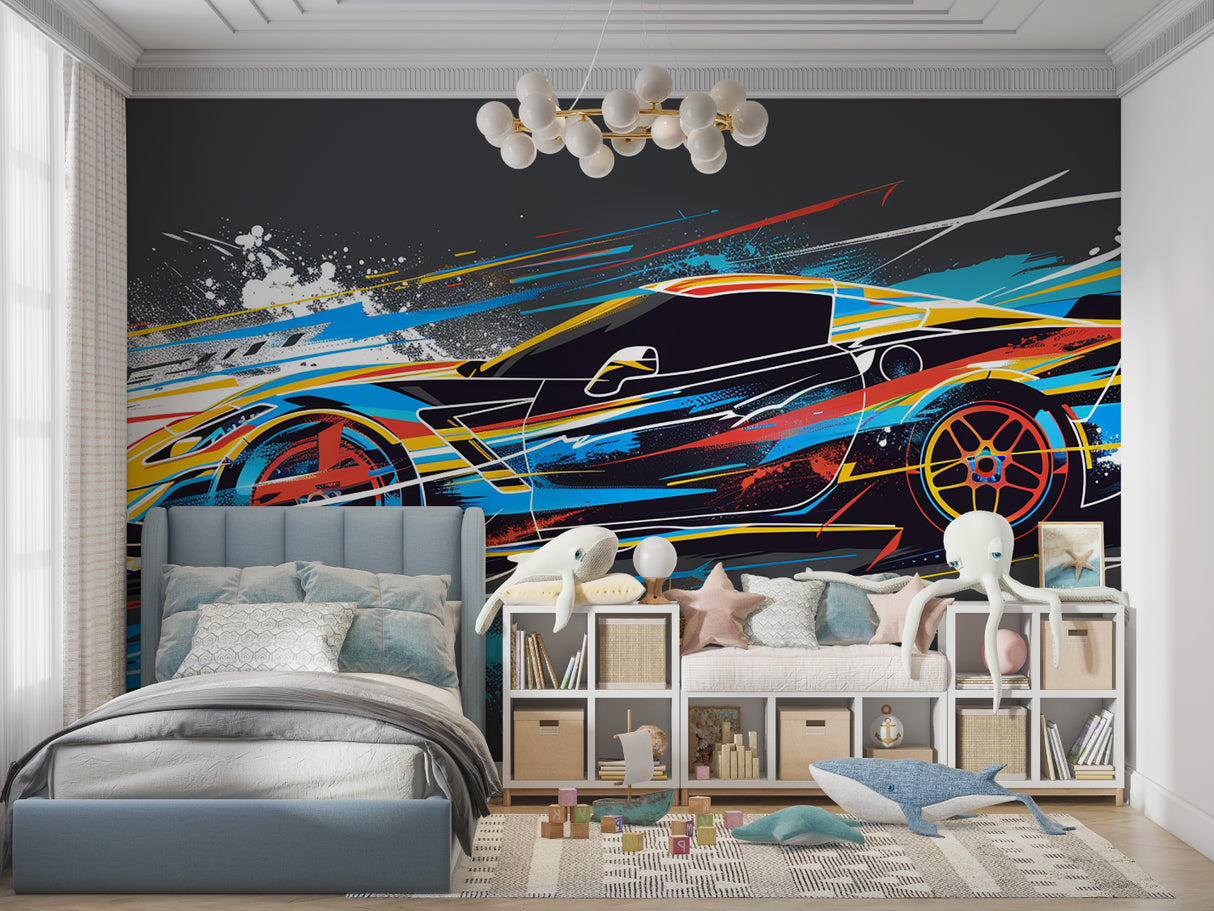 Street art car wallpaper creating bold impact in urban style living room setting