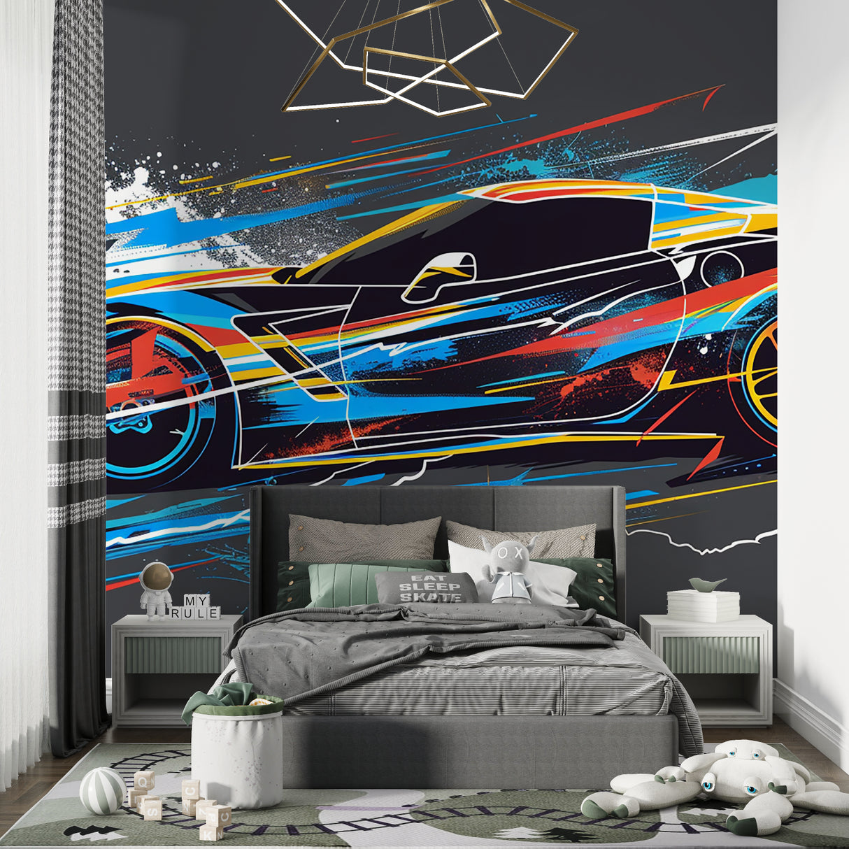 Dynamic car mural wallpaper showcased in modern home office with minimalist furniture