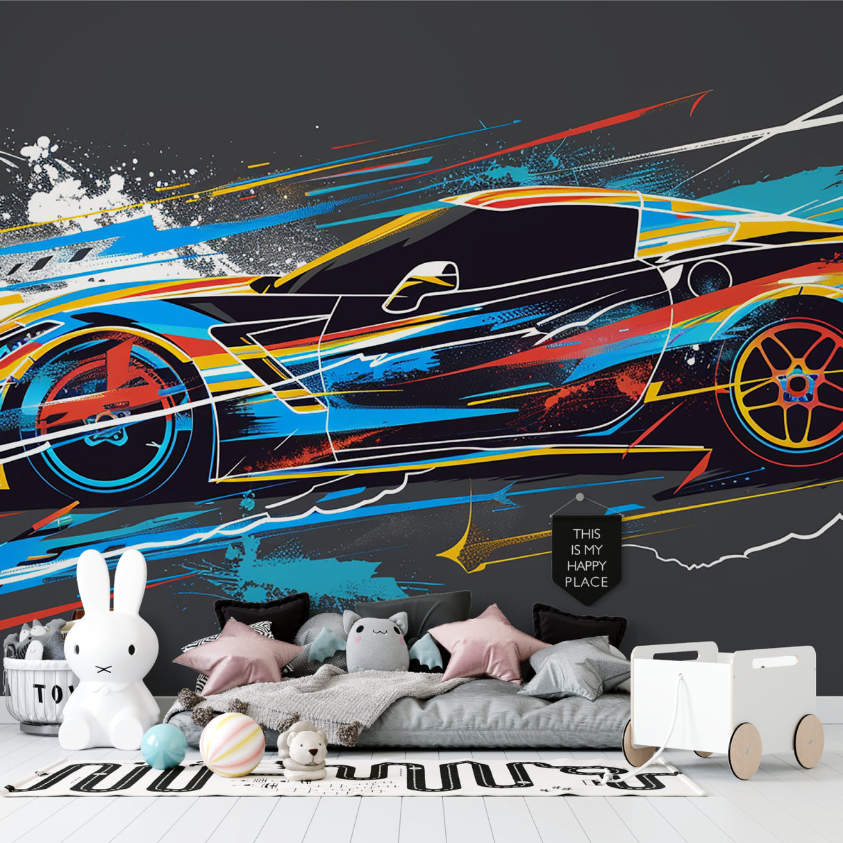 Sports car wall design bringing energy to contemporary entertainment room setup