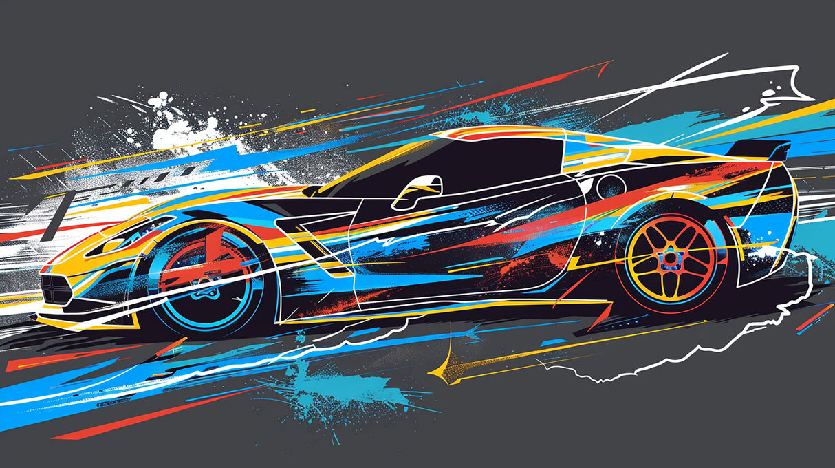 Design file of racing car street art wallpaper showing full pattern with vibrant color streaks