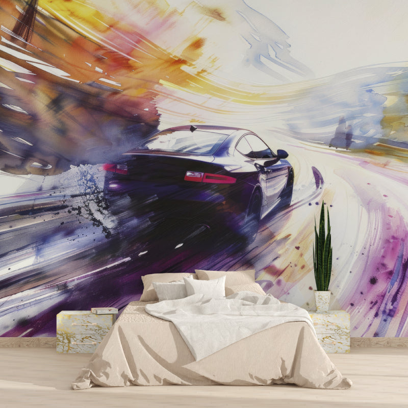 Sports car watercolor mural displayed in a modern living room with grey sofa and minimal decor