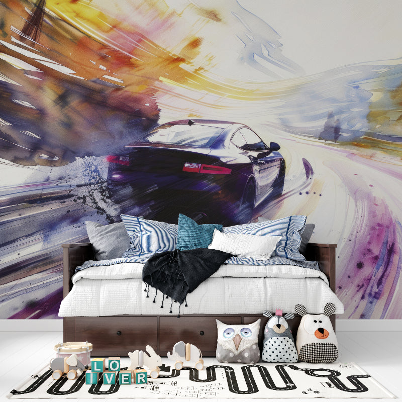 Watercolor car wall mural creating focal point in contemporary home office setup