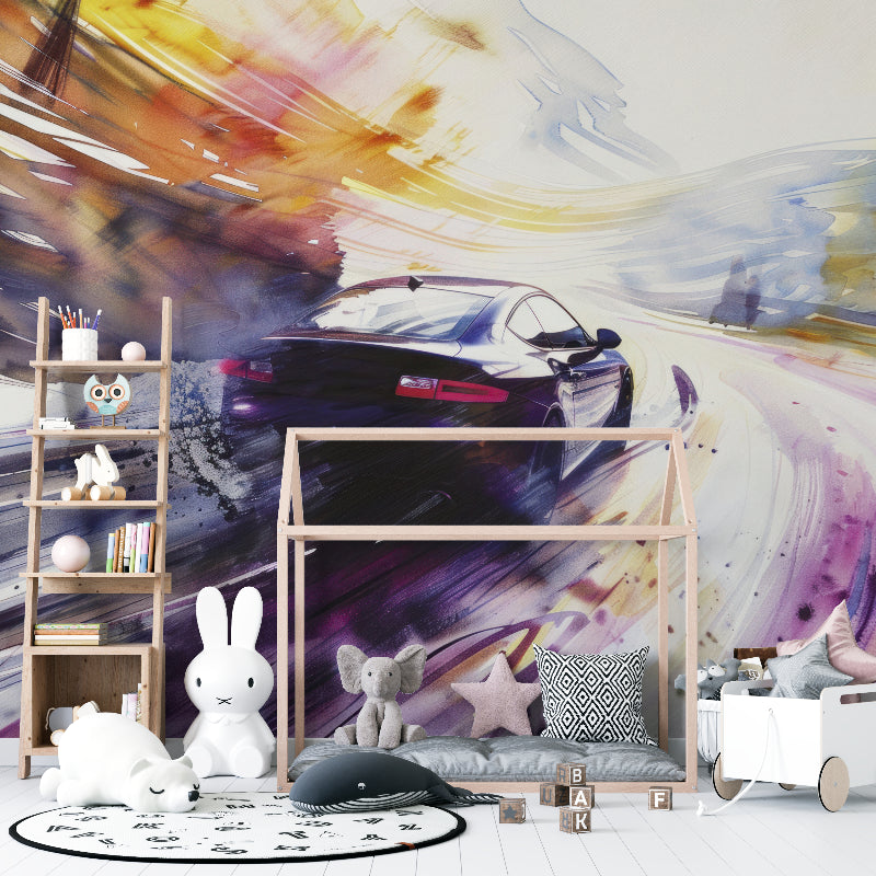 Dynamic car mural wallpaper showcased in urban loft space with industrial elements