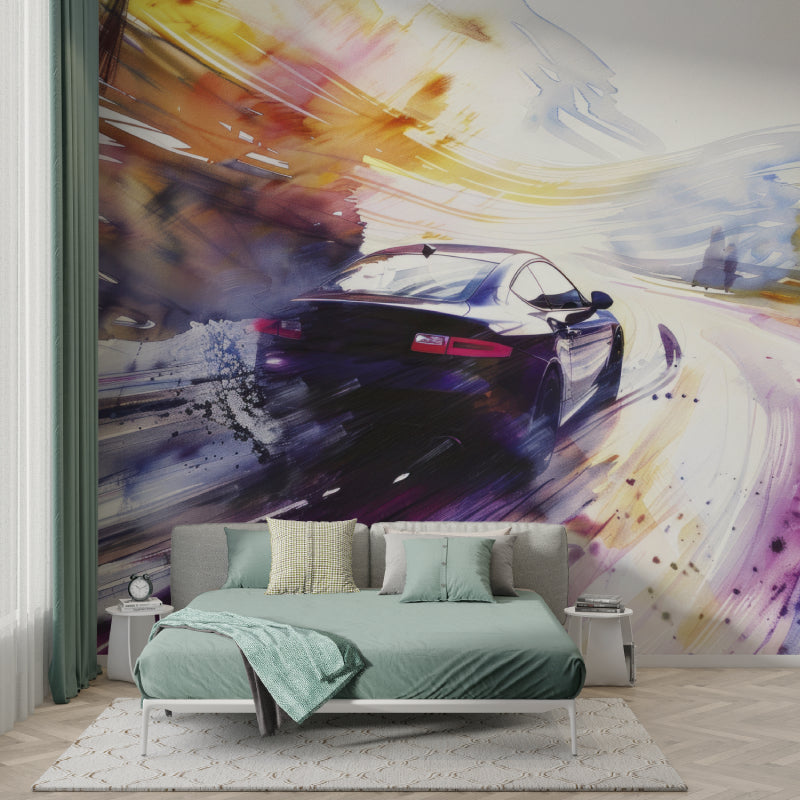 Sports car wall art featured in teenage bedroom with modern furniture