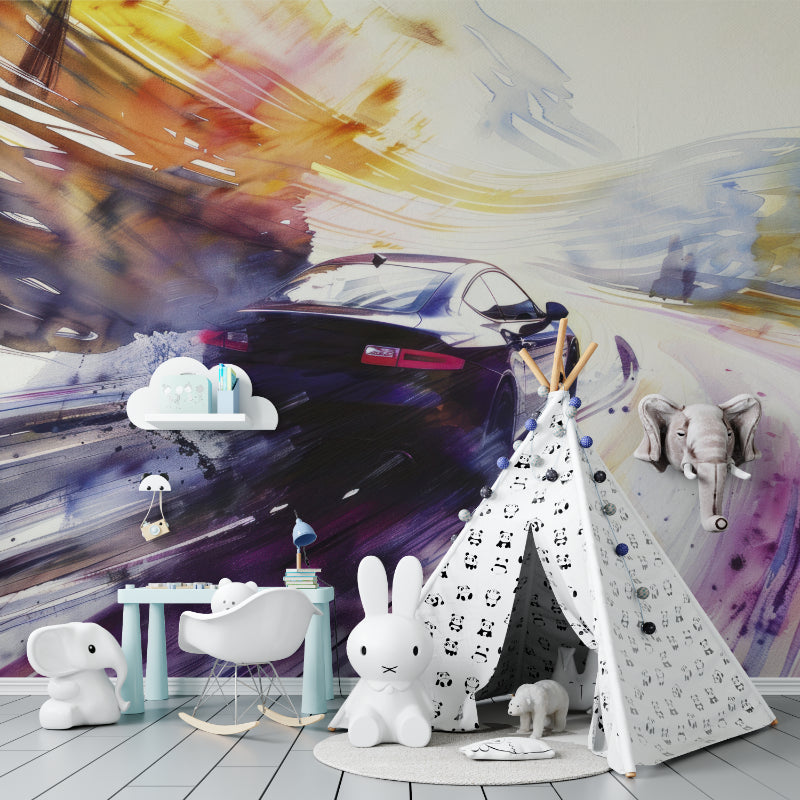 Car mural adding character to man cave entertainment room setting