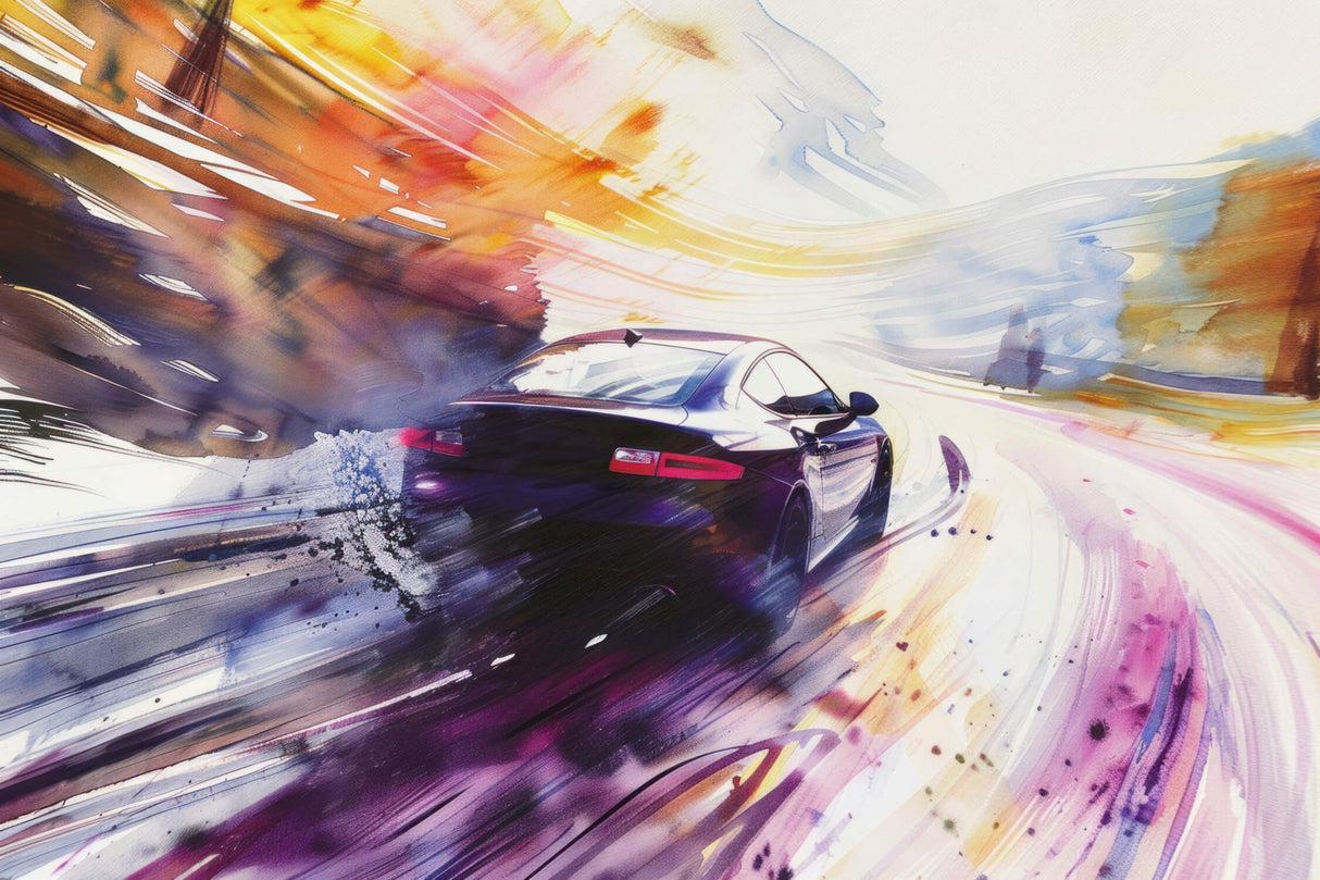 Watercolor sports car mural design file showing detailed pattern and color splashes