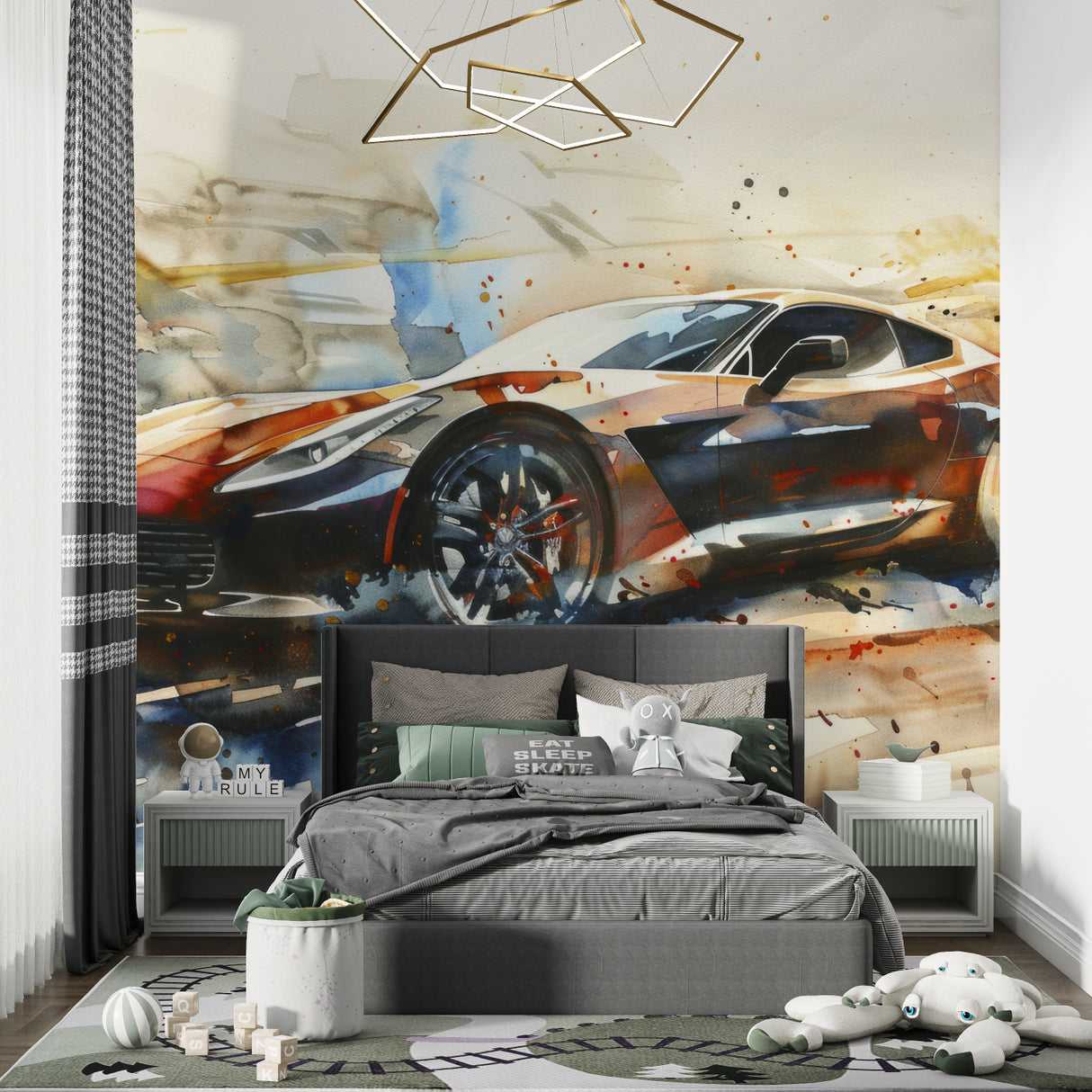 Luxury car mural creating energy in a teen bedroom with gaming setup